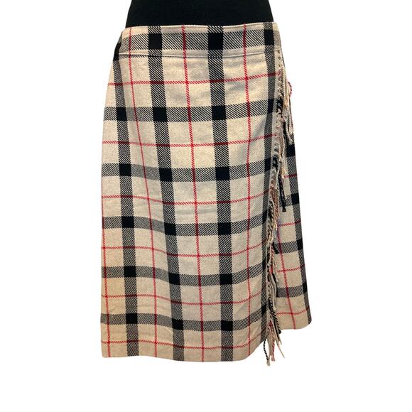 Talbots Dresses & Skirts - Talbots |  Wool Blend Tan Plaid Faux Wrap Midi Skirt with Fringe | 14